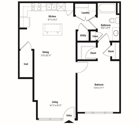 Floor plan for 1 bed, 1 bath, 760 sqft